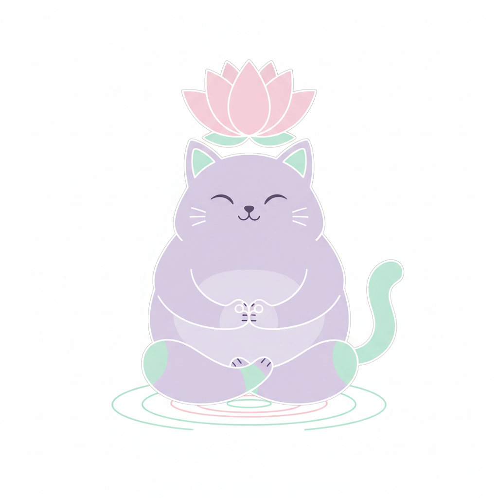 Cojín decorativo con gatito zen meditando entre flores de loto en tonos pastel