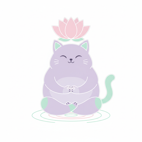 Cojín decorativo con gatito zen meditando entre flores de loto en tonos pastel