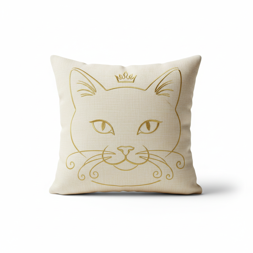 Cojín decorativo con ilustración elegante de gatito en tonos crema y dorado