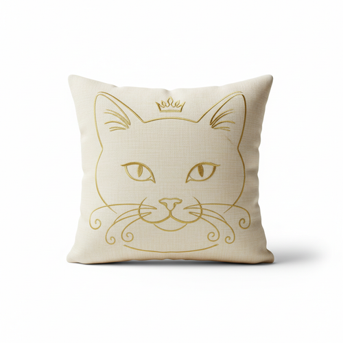 Cojín decorativo con ilustración elegante de gatito en tonos crema y dorado